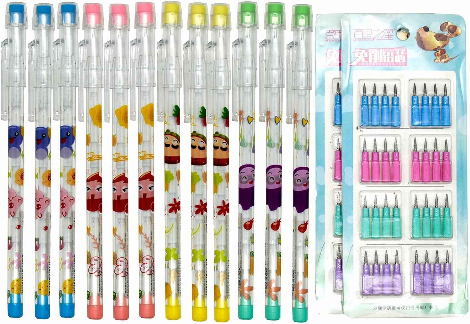 12PCS Cute Animals Non Sharpening Stackable Pencils with 64 Refills - TTpen