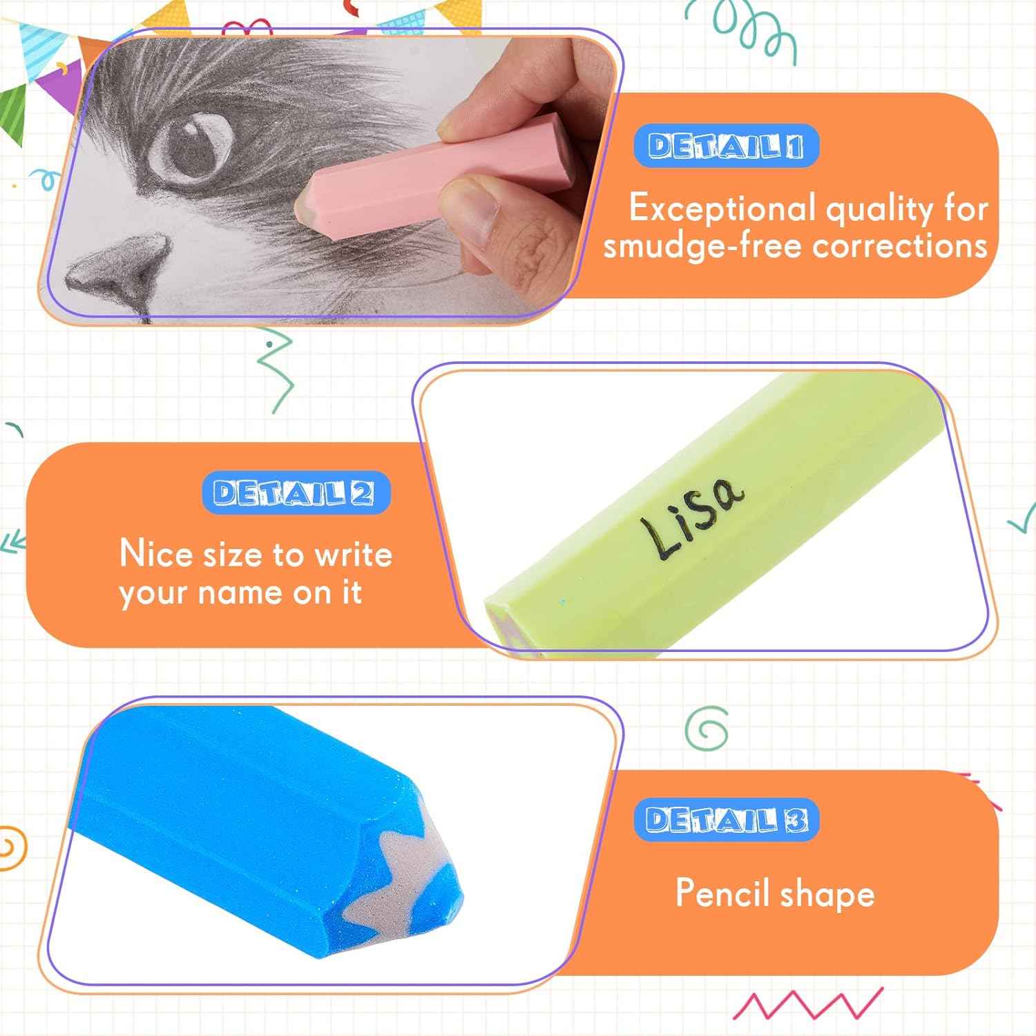 20Pcs Kids Pencil Shaped Erasers 10 Neon Colors - TTpen