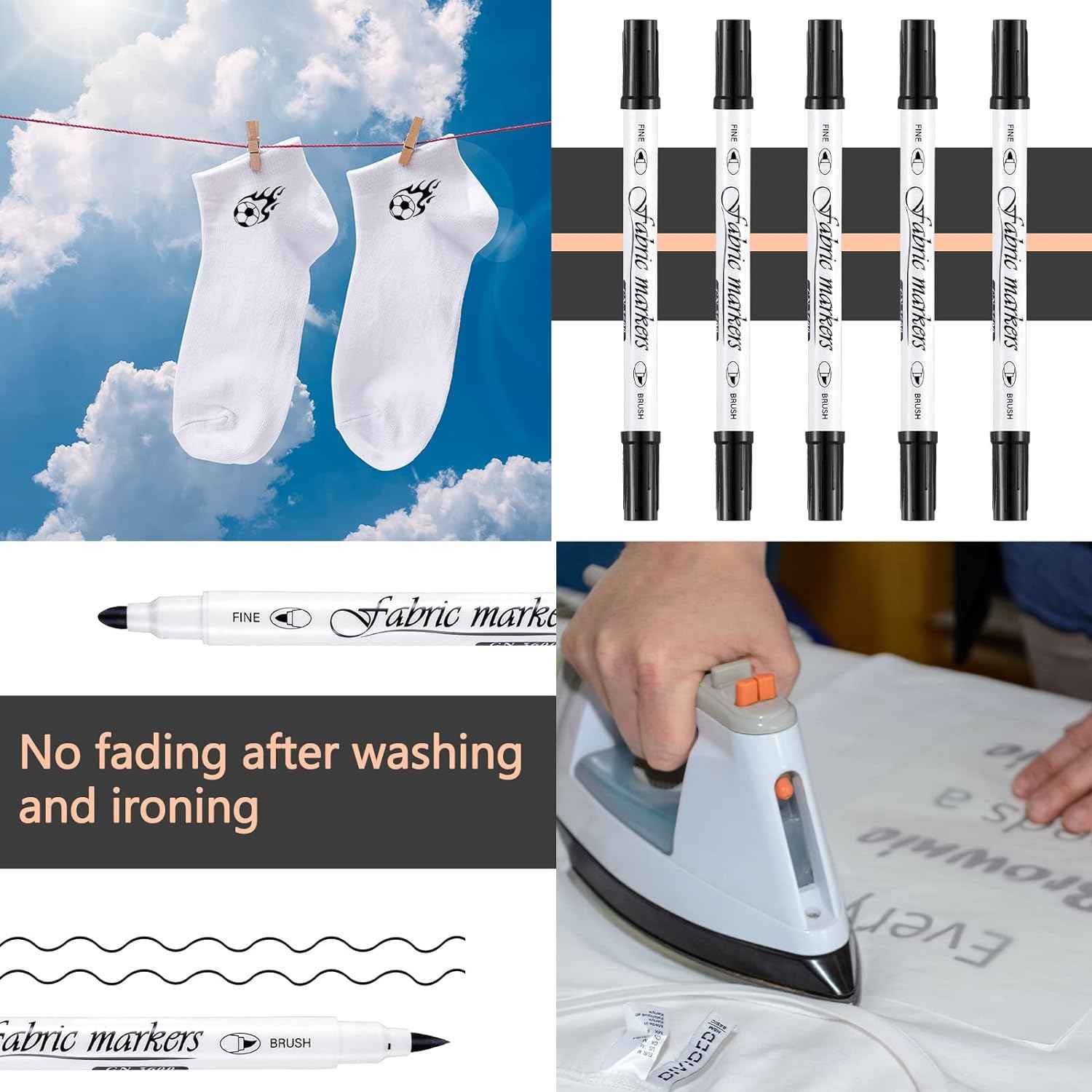 Guangna 6Pcs Fabric Markers Double Ended White Black Color - TTpen