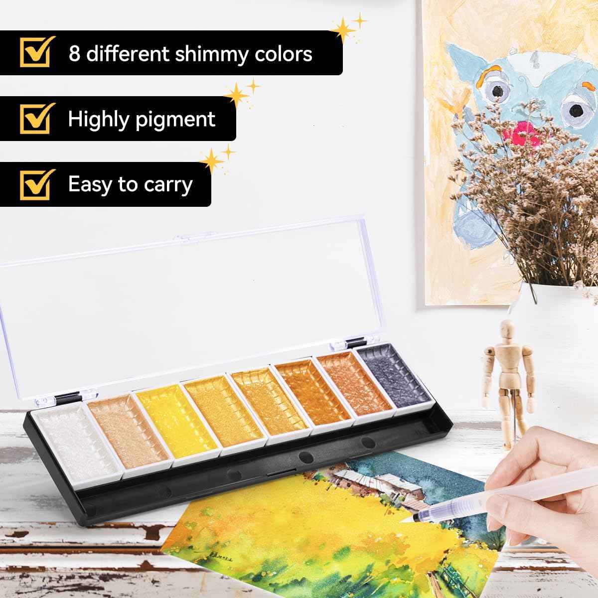 Superior Metallic Waterolor Paints,8 Shimmery Gold Colors - TTpen
