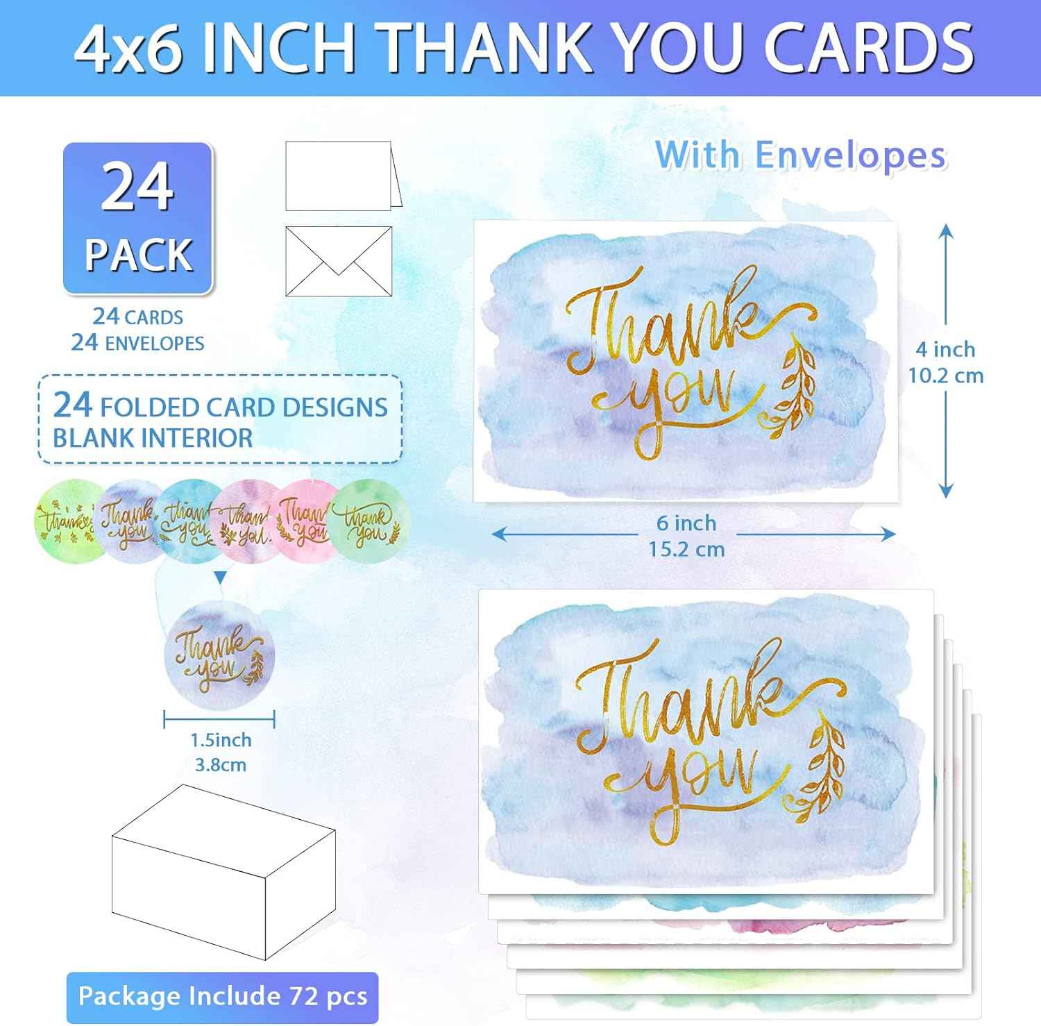 72 Pieces Watercolor Thank You Cards with Envelopes and Stickers Set - TTpen