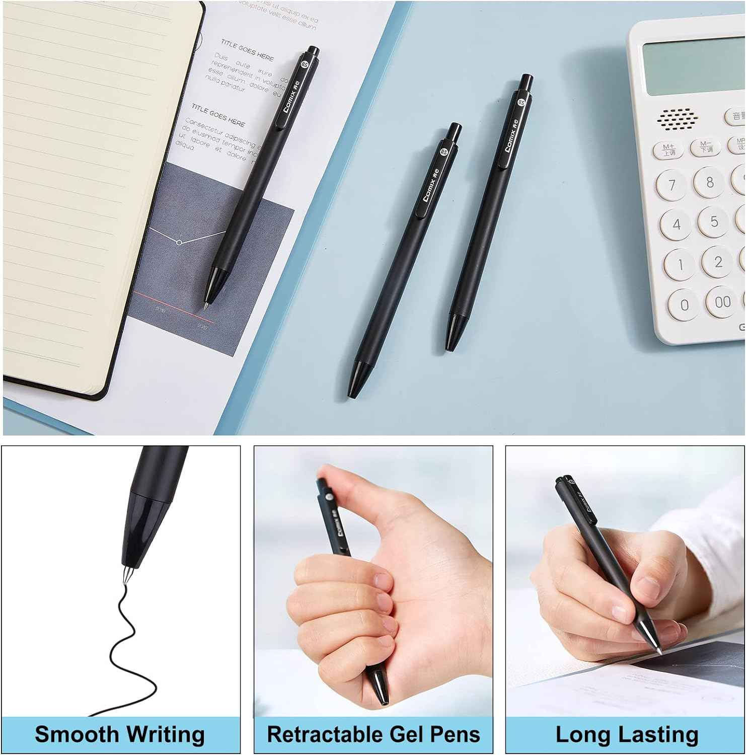 Comix 12pcs Retractable Gel Pens,Black Ink,0.5mm Medium Point - TTpen