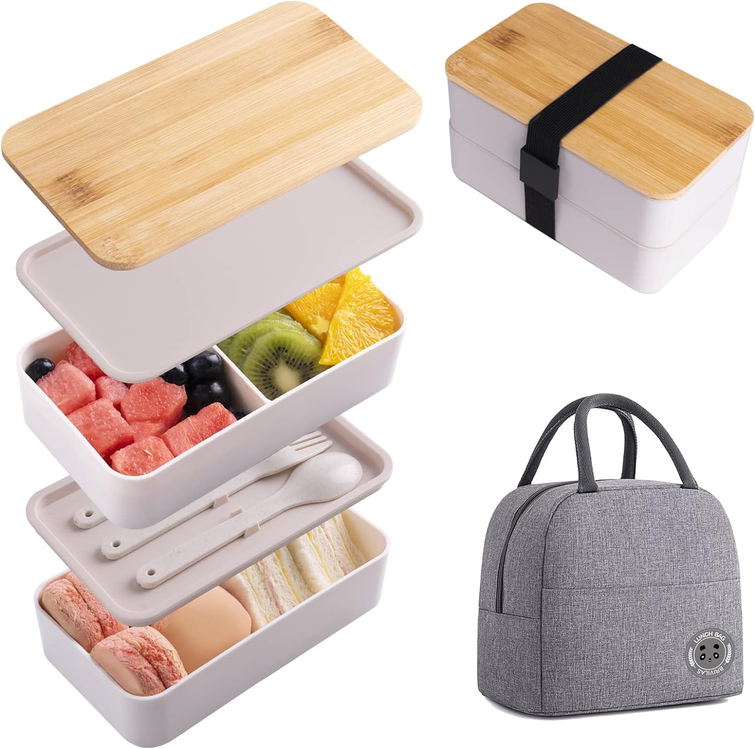 Japanese Bamboo Bento Lunch Box with Compartments and Utensils Beige