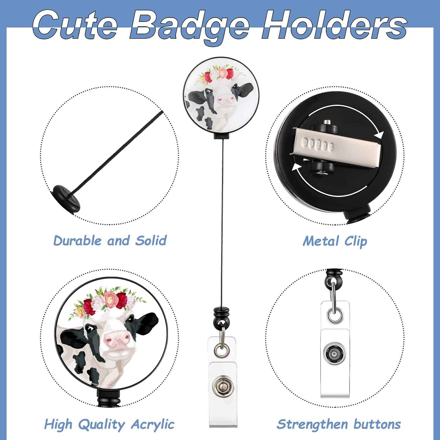 3Pcs Cow Retractable Badge Reel Holder for Nurse Doctor Teacher Student - TTpen