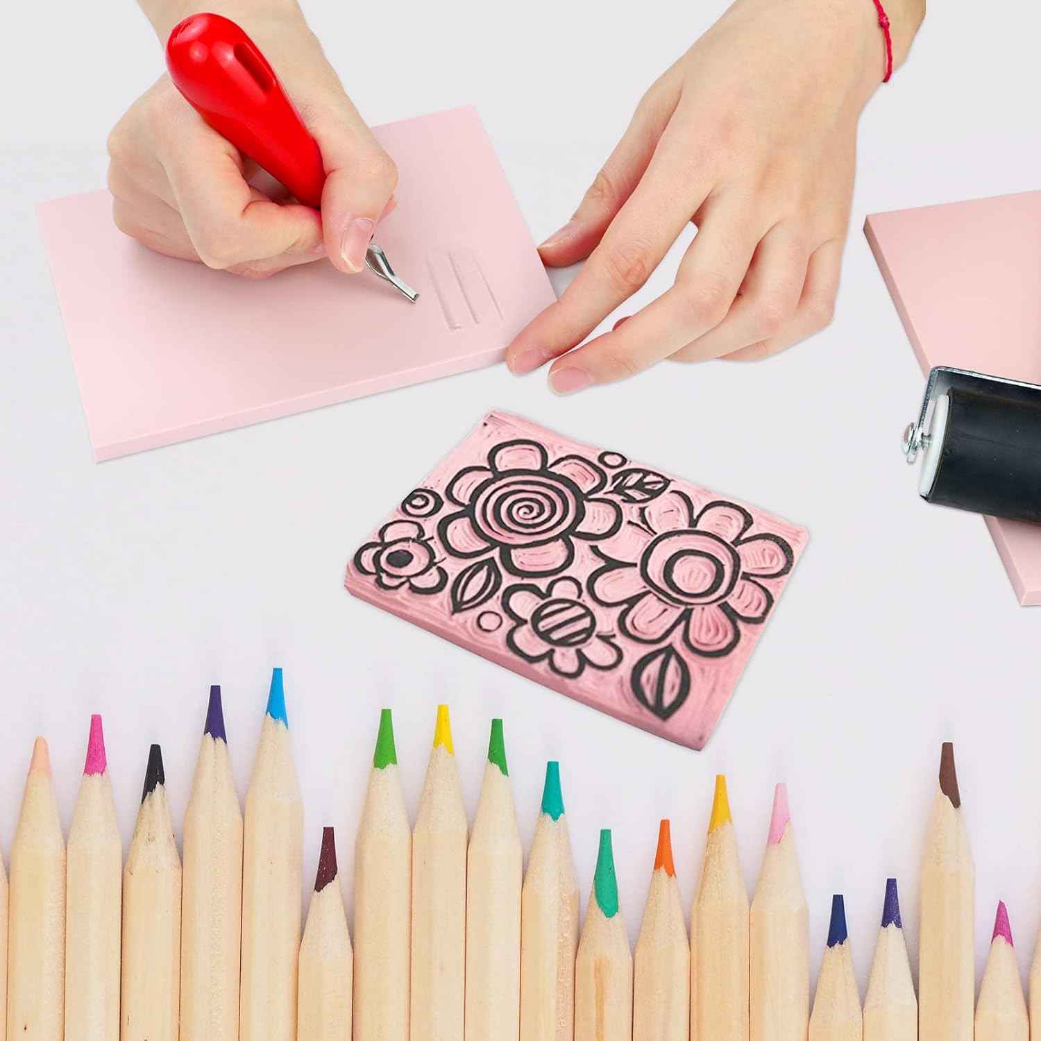 4 Pack Rubber Carving Block Stamp with Cutter Tool,Brayer Printmaking Roller - TTpen