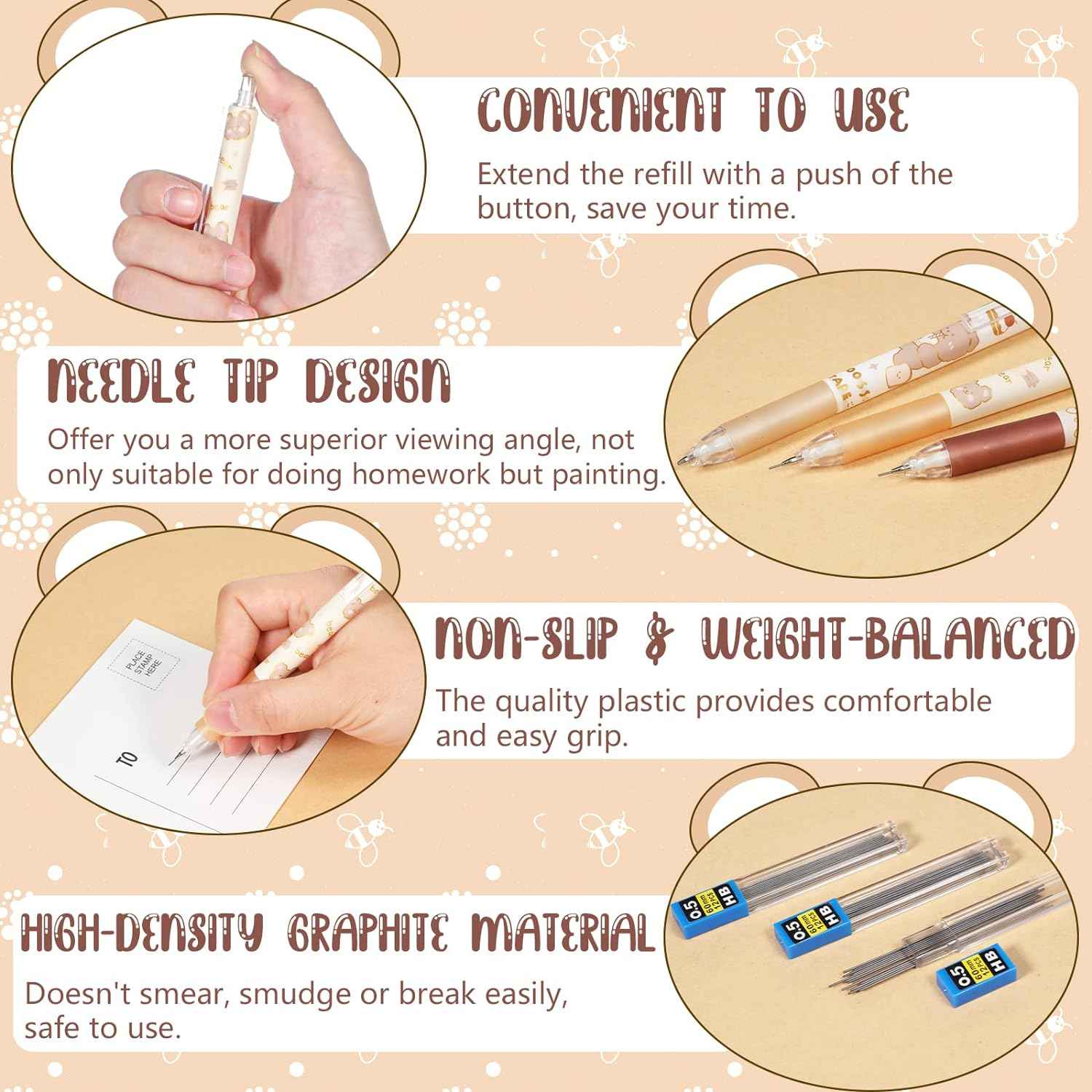 15pcs Bear Mechanical Pencils with 0.5mm Pencil Refills and Erasers - TTpen