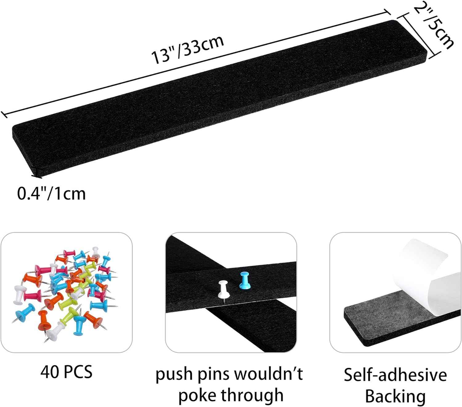 Felt Self-Adhesive Bulletin Board Bar Strips with 40 Push Pins 8 Pack - TTpen