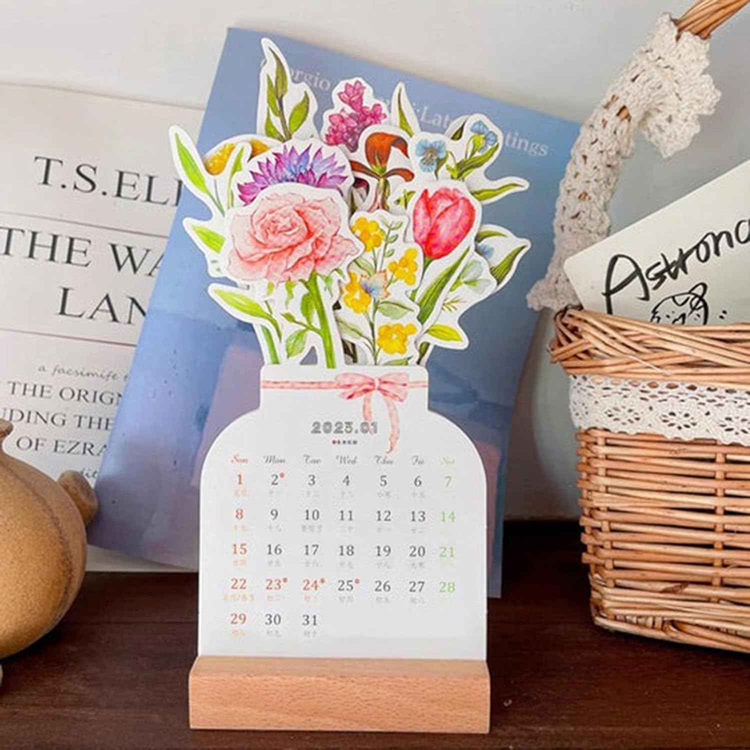 2024 Bloomy Flowers Desk Calendar Monthly Planner Vase Shaped - TTpen
