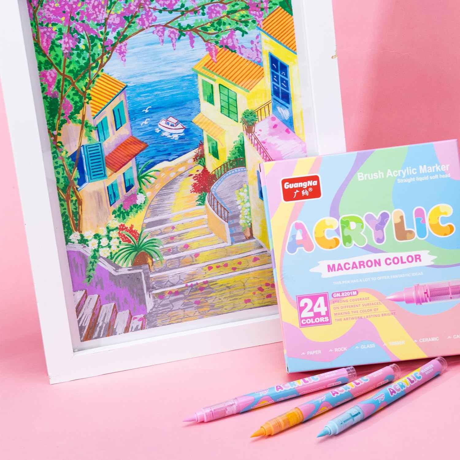 Guangna Macaron Art Markers,24 Color Soft Brush Tip Acrylic Paint Pens