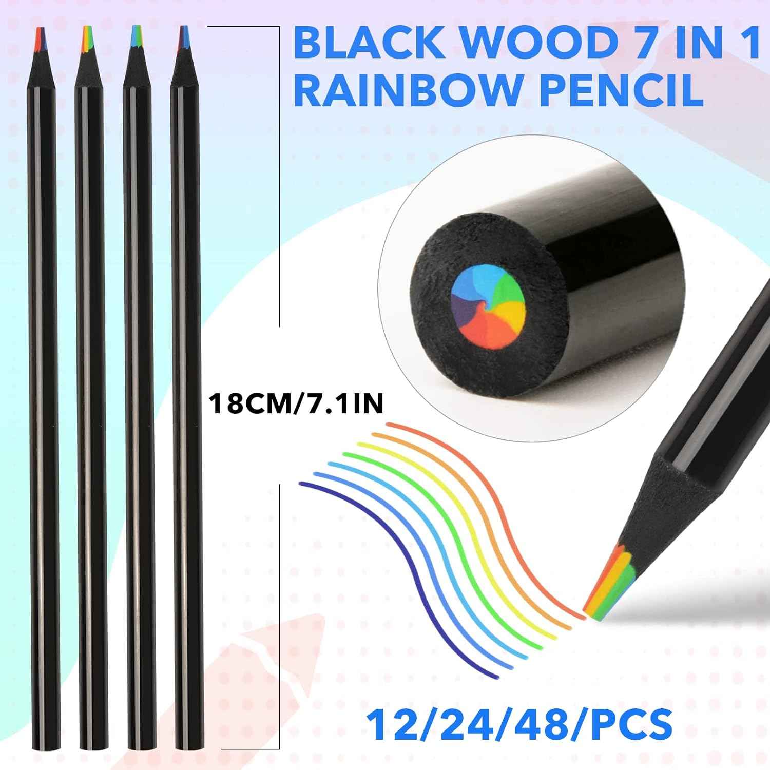 24PCS Black Wooden 7IN1 Rainbow Colored Art Drawing Pencils - TTpen