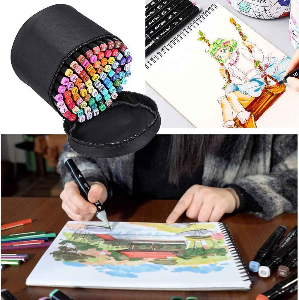 Round Marker Pen Case Stationary Storage Bag for 80 Markers,Black - TTpen