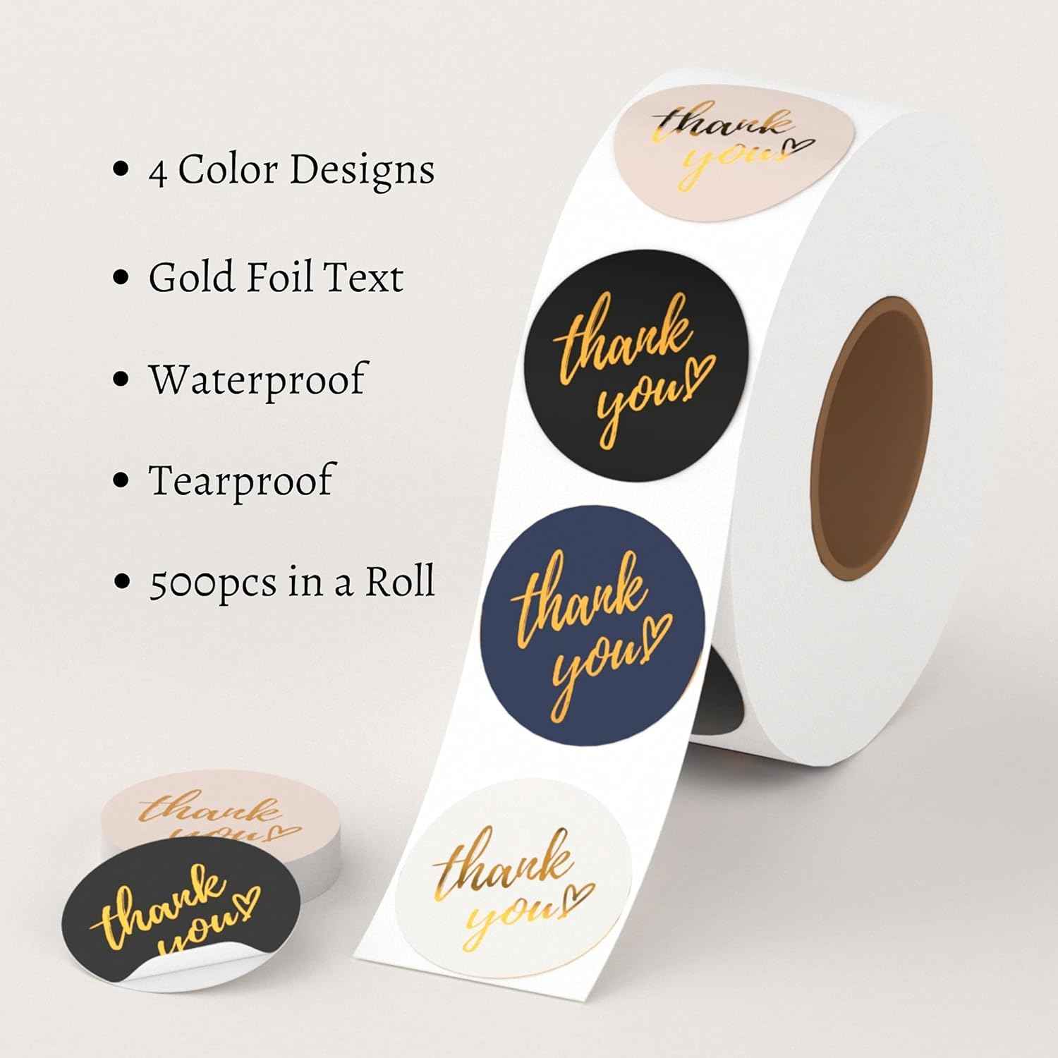 Thank You Stickers Roll 500 Labels 1.5 inch 4 Classic Colors with Gold Foil Design - TTpen