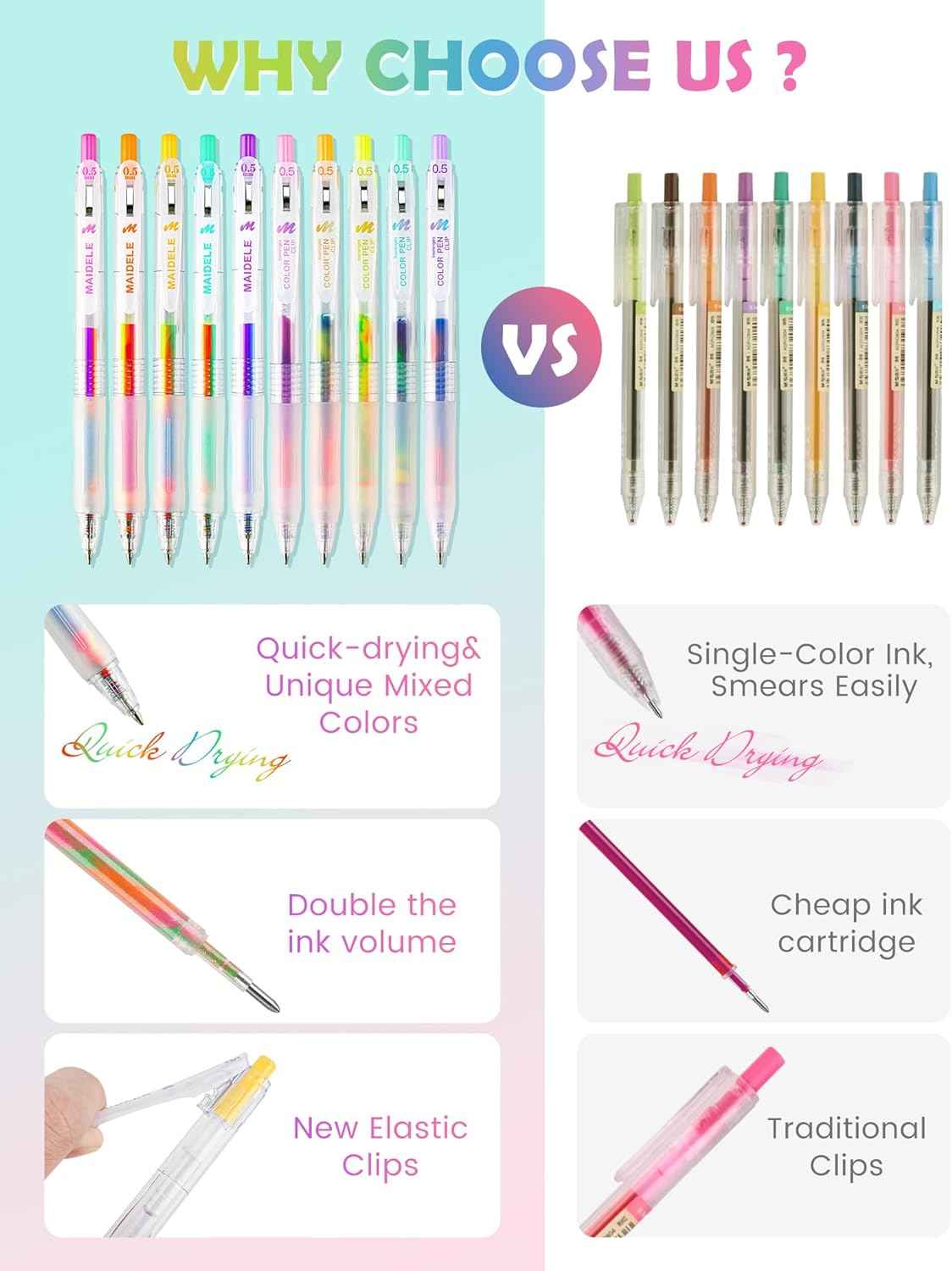 Retractable Magic Rainbow Color Gel Ink Pens 10-Pack - TTpen