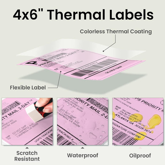 Phomemo 4"x6" Thermal Direct Shipping Label,Fan-Fold 500 Labels Pink