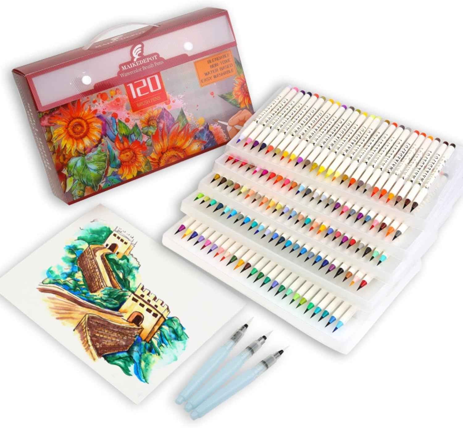 MAIKEDEPOT 120 Colors Watercolor Brush Pens with 3 Blending Brush - TTpen