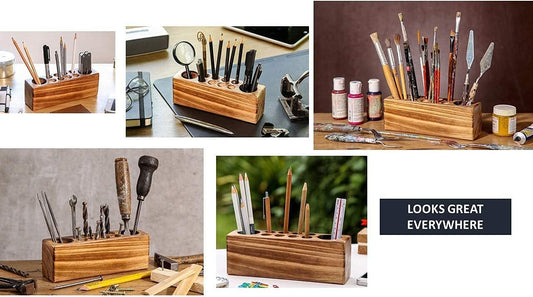 10 Slots Rustic Vintage Wooden Pen Holder