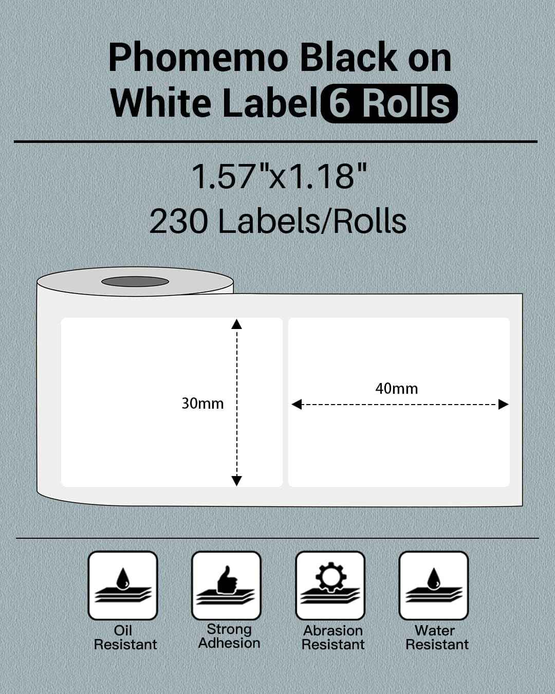 Phomemo M110/M120/M200/M220 Thermal Paper 40x30mm Labels White - TTpen