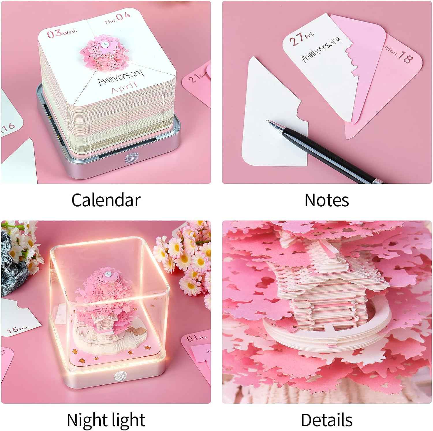 2024 Desk Calendar With LED Lights Sakura Tree House Pink Green - TTpen