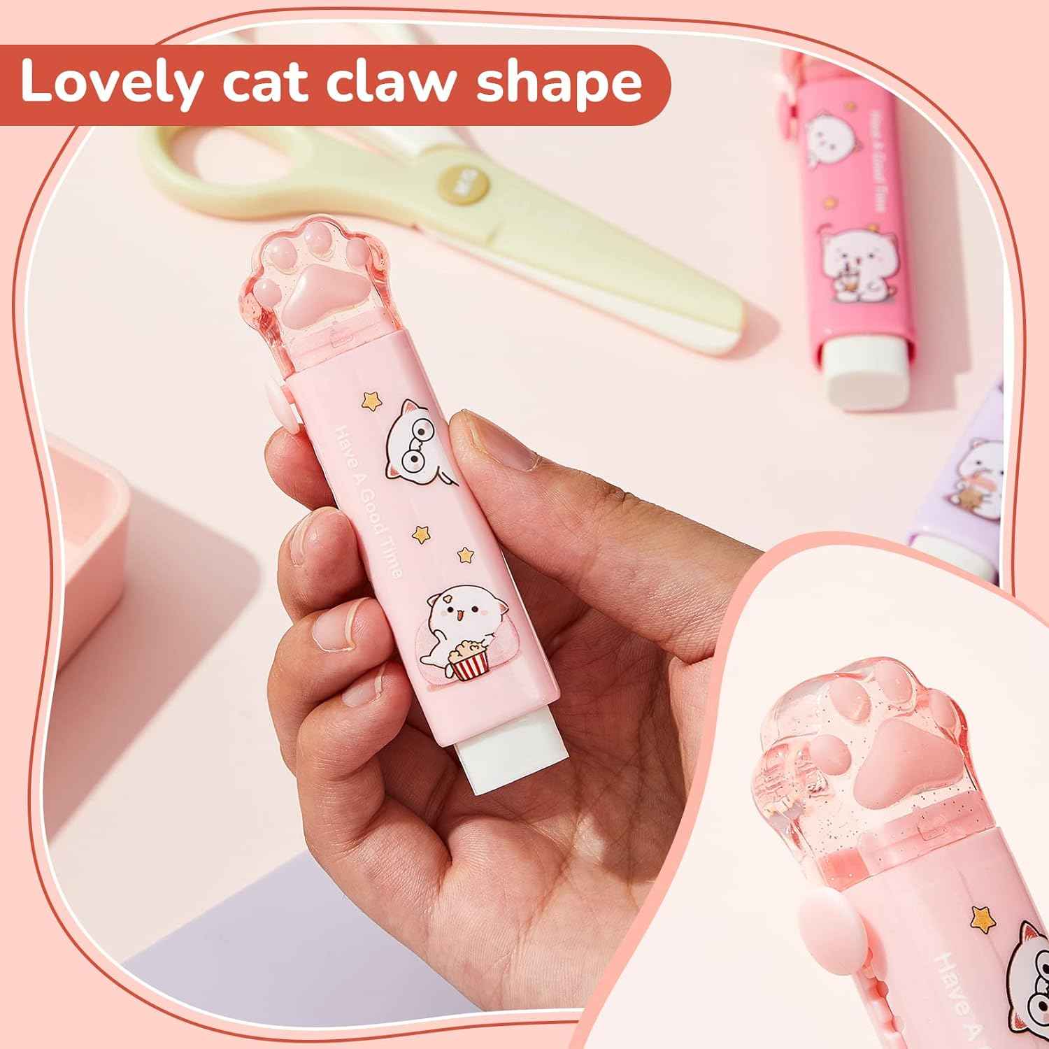 8PCS Cat Paw Shaped Cute Pencil Erasers Push Pull Design - TTpen