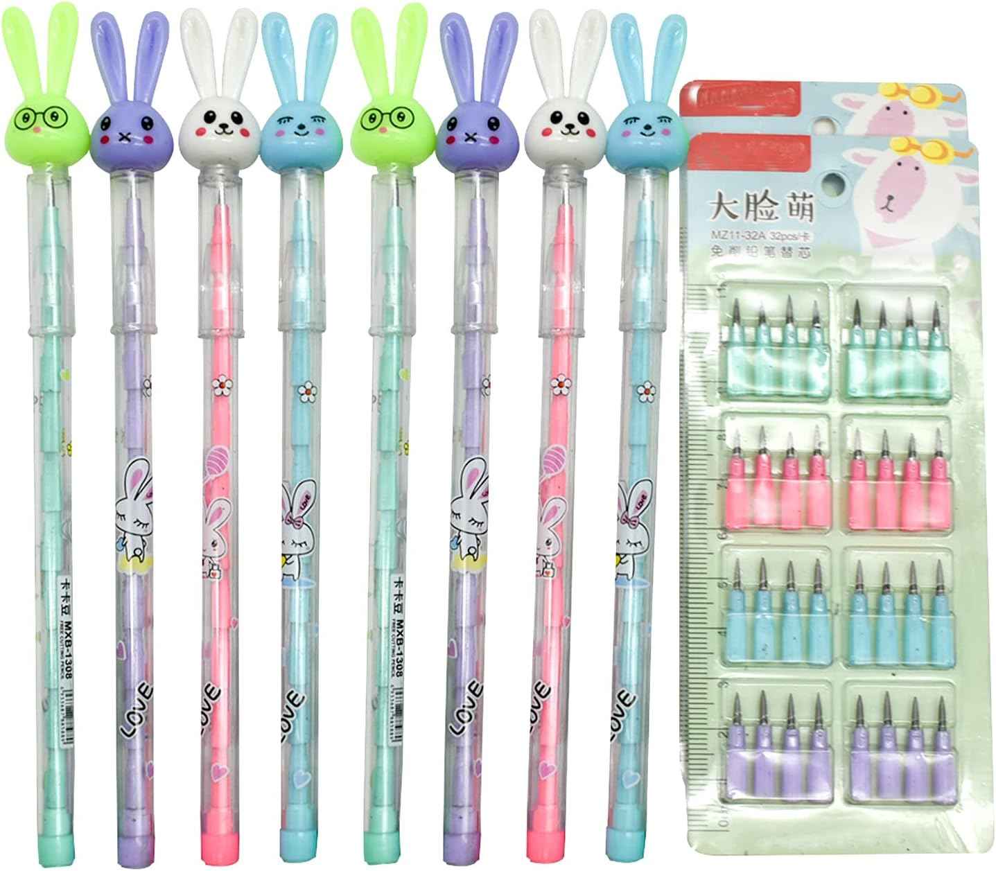 12PCS Cute Bunny Non-Sharpening Stackable Pencils with 64 Refills - TTpen