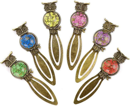 6 Metal Bookmark Clips Vintage Owl Bookmark Ruler with Dried Flower - TTpen