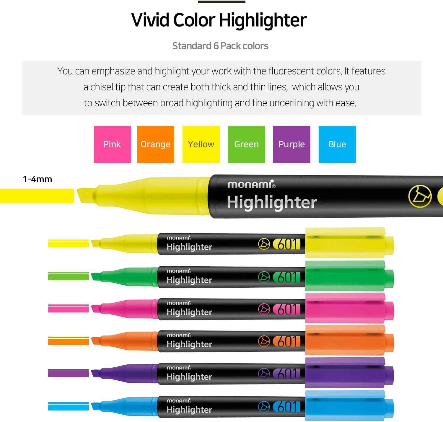 MONAMI Highlighter 601 Pastel,Chisel Tip,Assorted Colors,6-Pack - TTpen