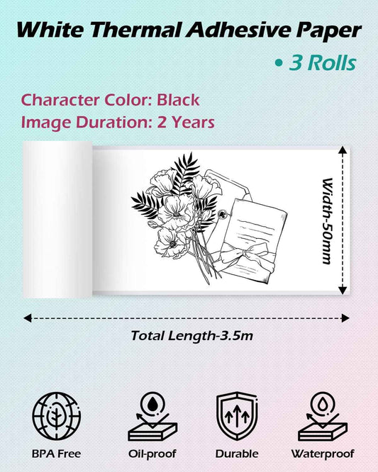 Phomemo White Adhesive Thermal Sticker Paper 50mm for T02 M02 M04S Printer - TTpen