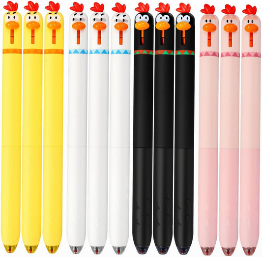 12PCS Funny Chicken Retractable Gel Pens 0.5mm Fine Point Black Ink