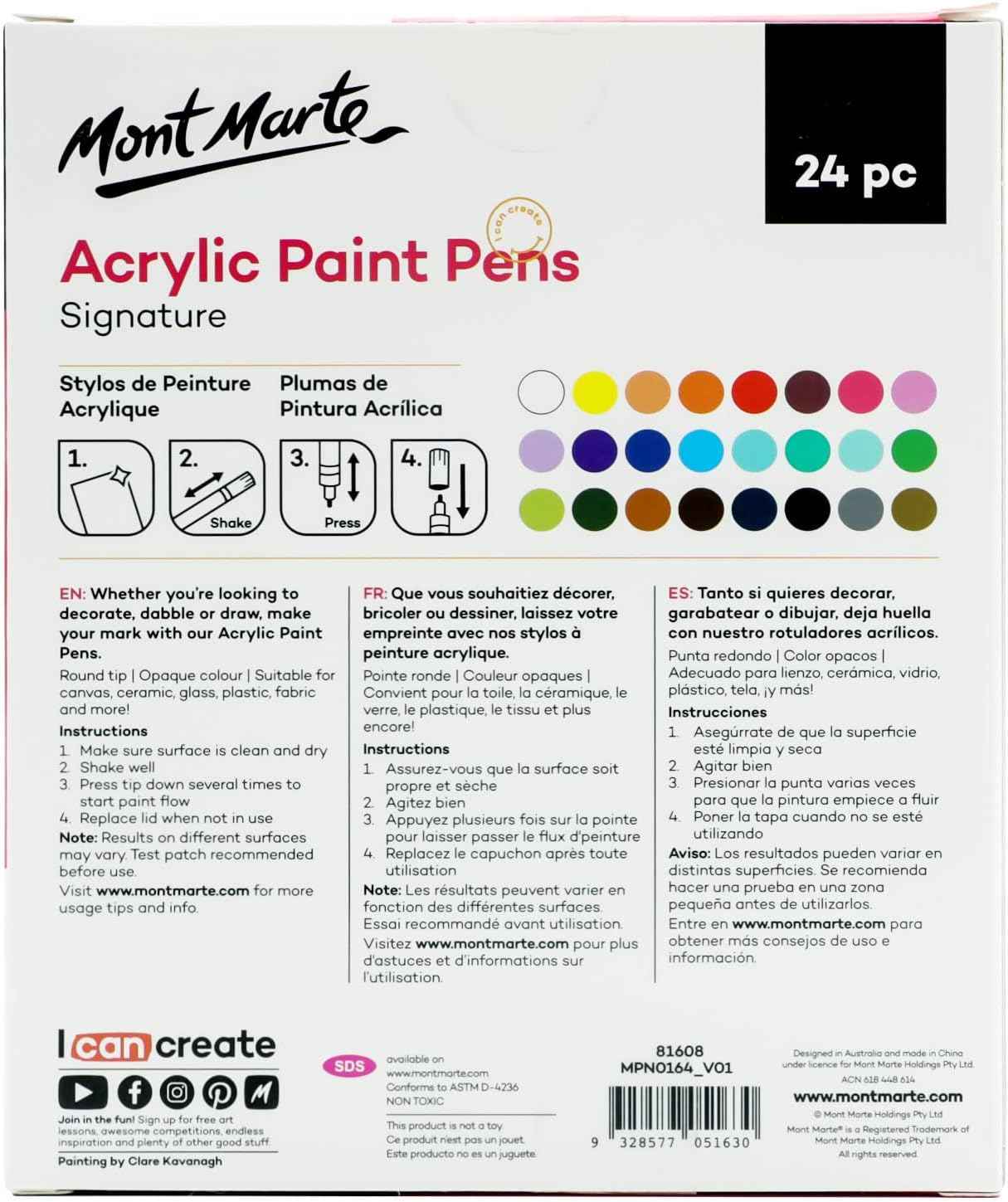 Mont Marte Signature Acrylic Paint Pens,24 Piece,Round Tip (3mm) - TTpen