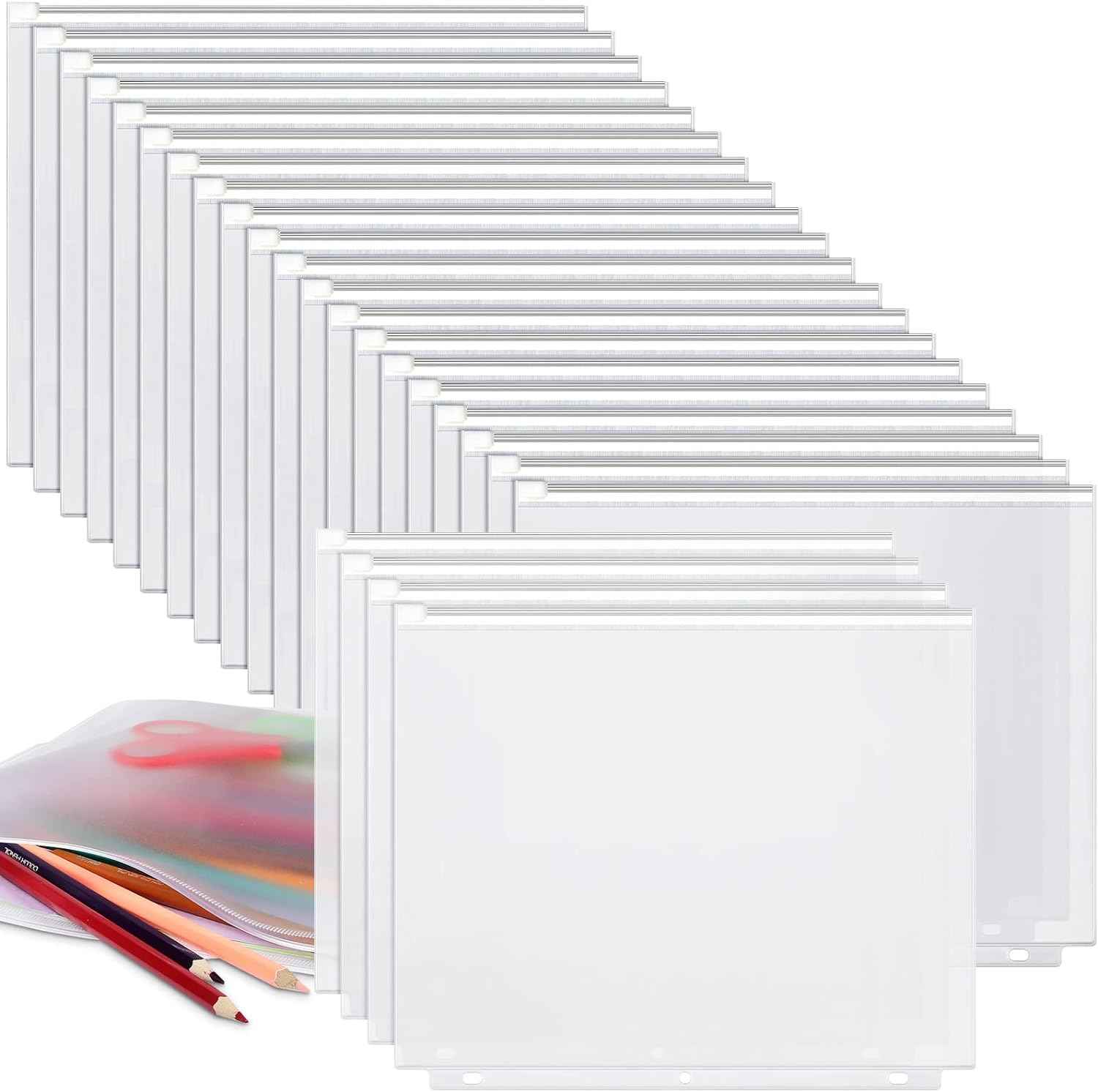 30 Pack A4 Binder Pockets 3 Holes Binder Pouches with Zipper (Transparent) - TTpen