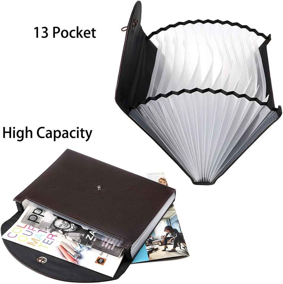 PU Leather 13 Pockets A4 Paper Expanding File Folder Document Organizer - TTpen