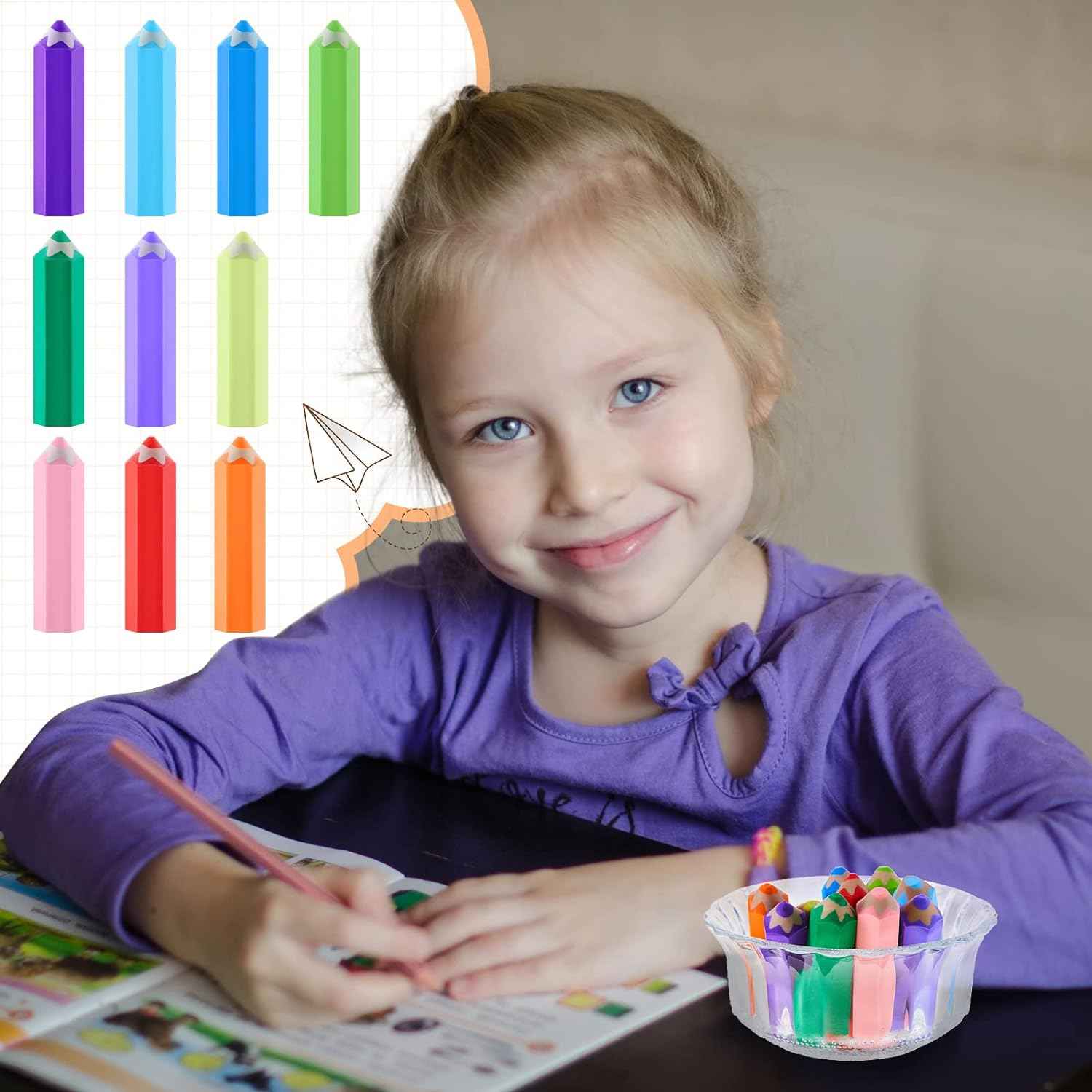 20Pcs Kids Pencil Shaped Erasers 10 Neon Colors - TTpen