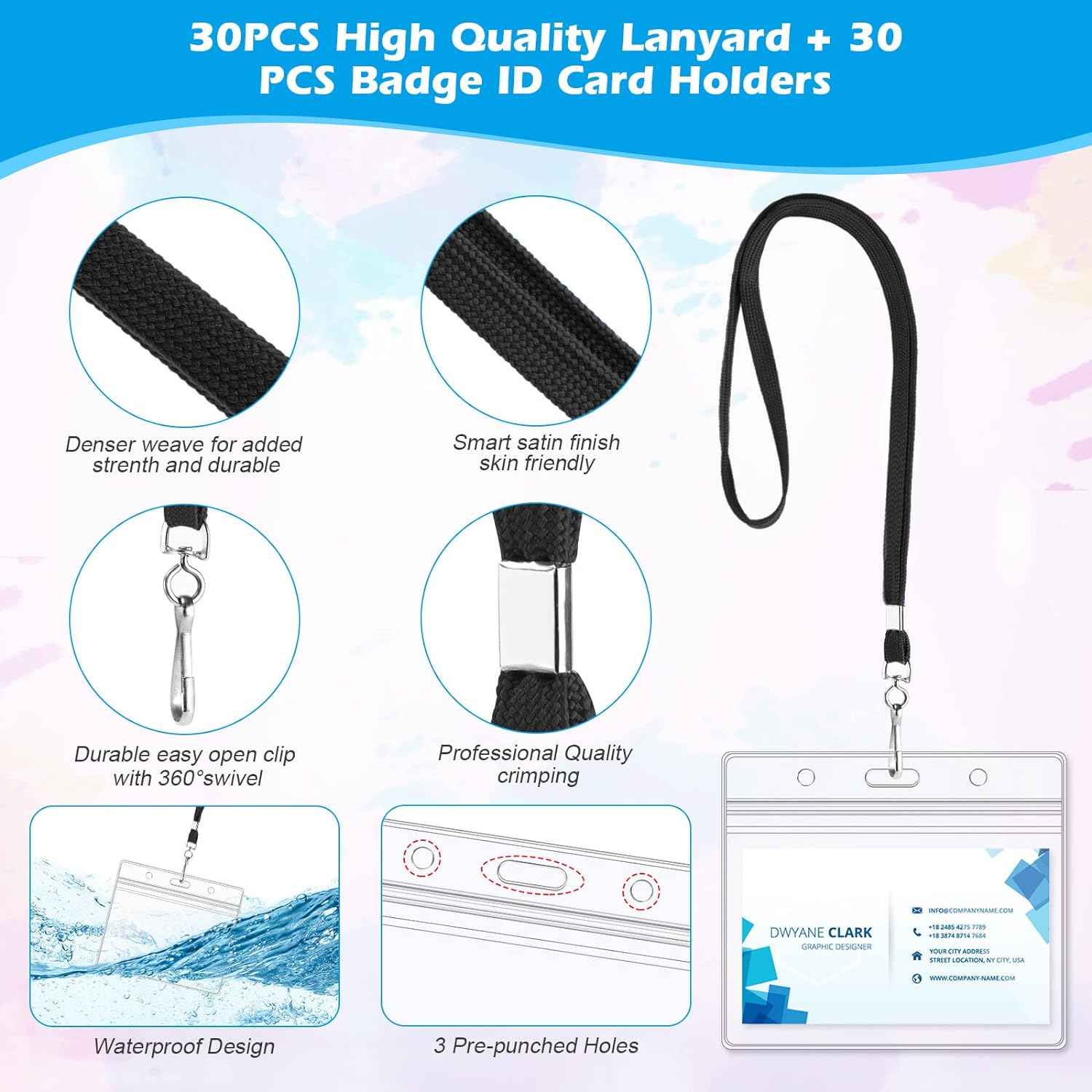 50Pcs Plastic Horizontal Badge Holders and 50Pcs Black Neck Lanyards - TTpen