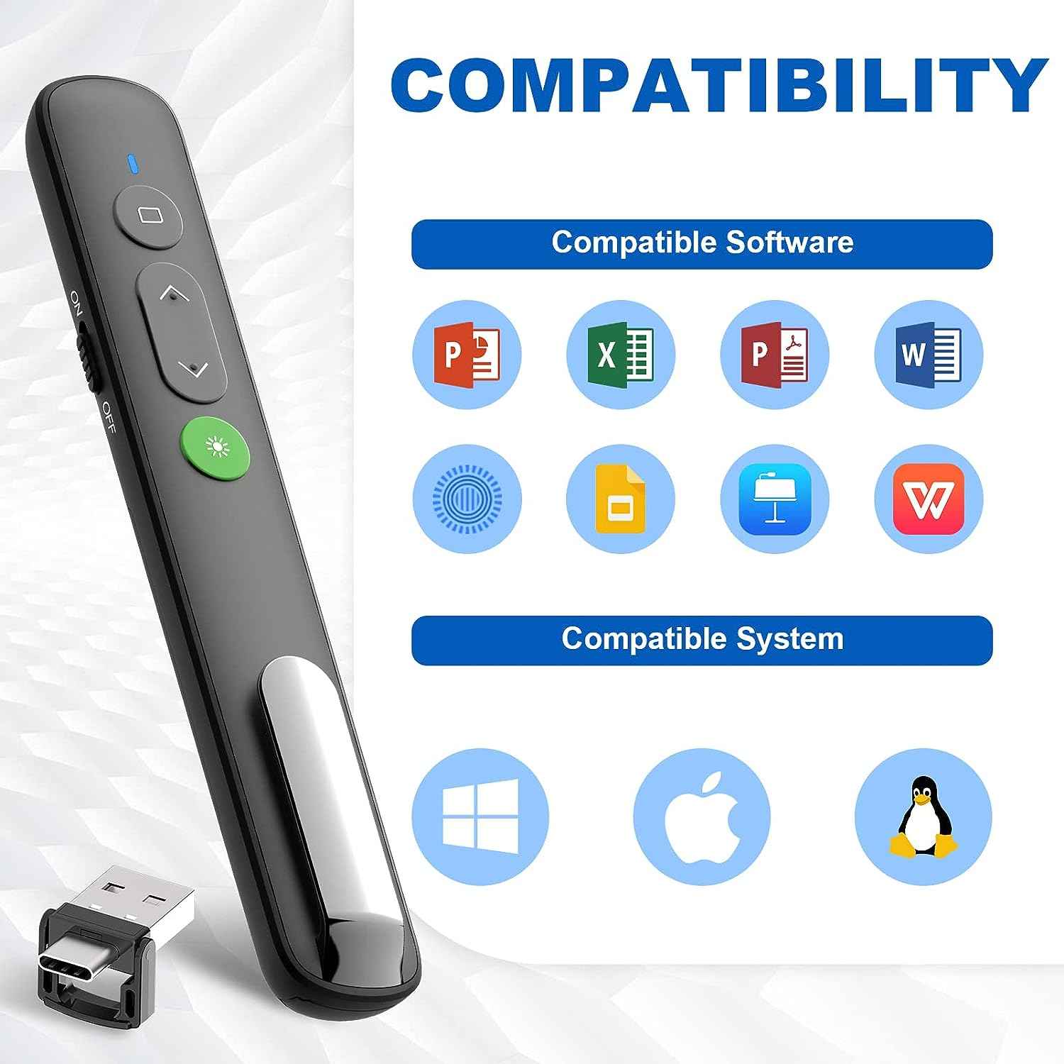 Red/Green Laser Presentation Clicker PowerPoint Wireless Presenter Remote - TTpen