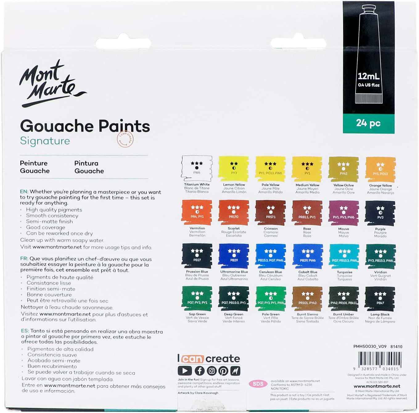 MONT MARTE Signature Gouache Paint,24 Colors 12ml Tube - TTpen