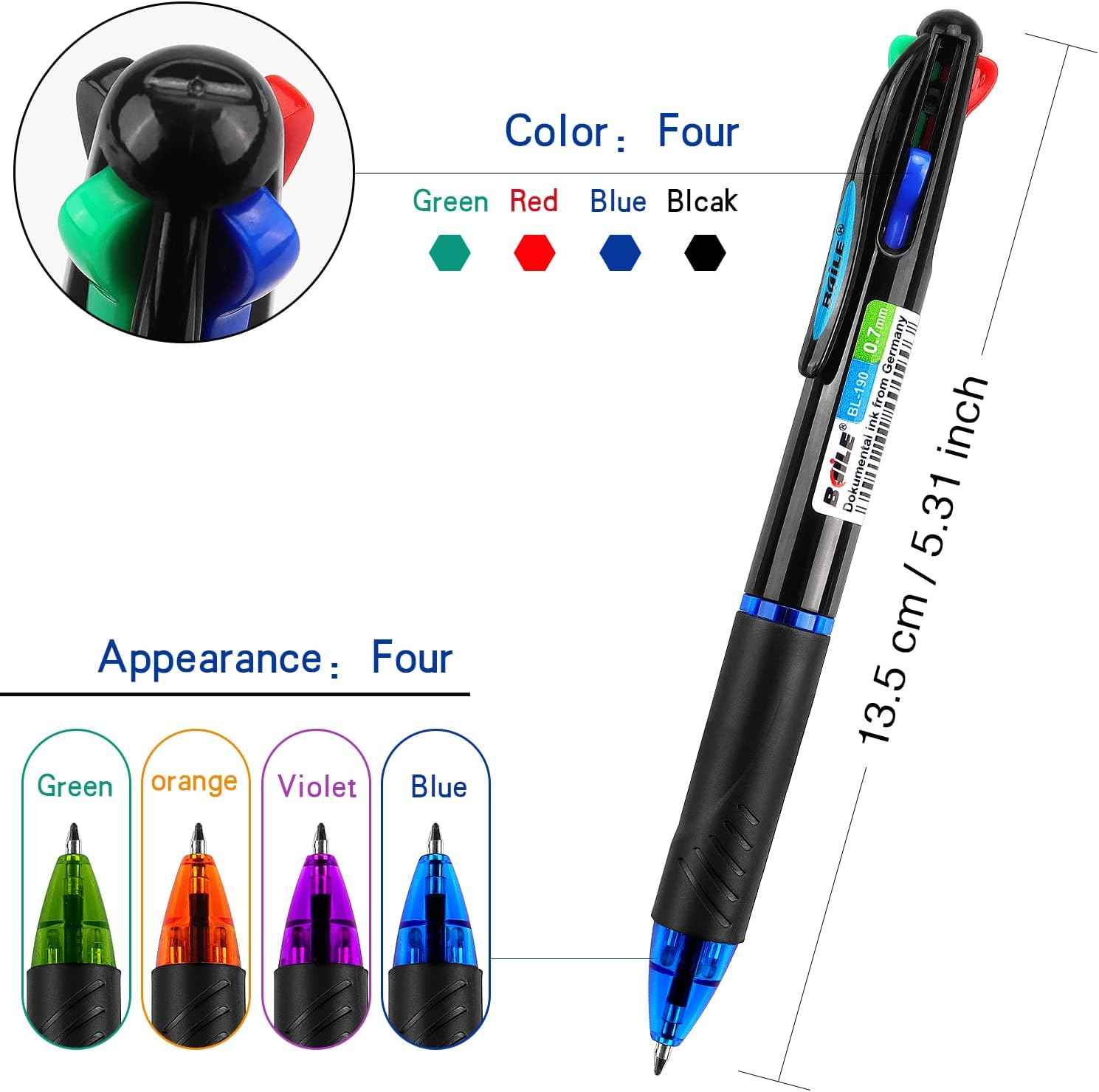 Multicolor Ballpoint Pens 4in1 0.7mm Retractable Gift Pens - TTpen