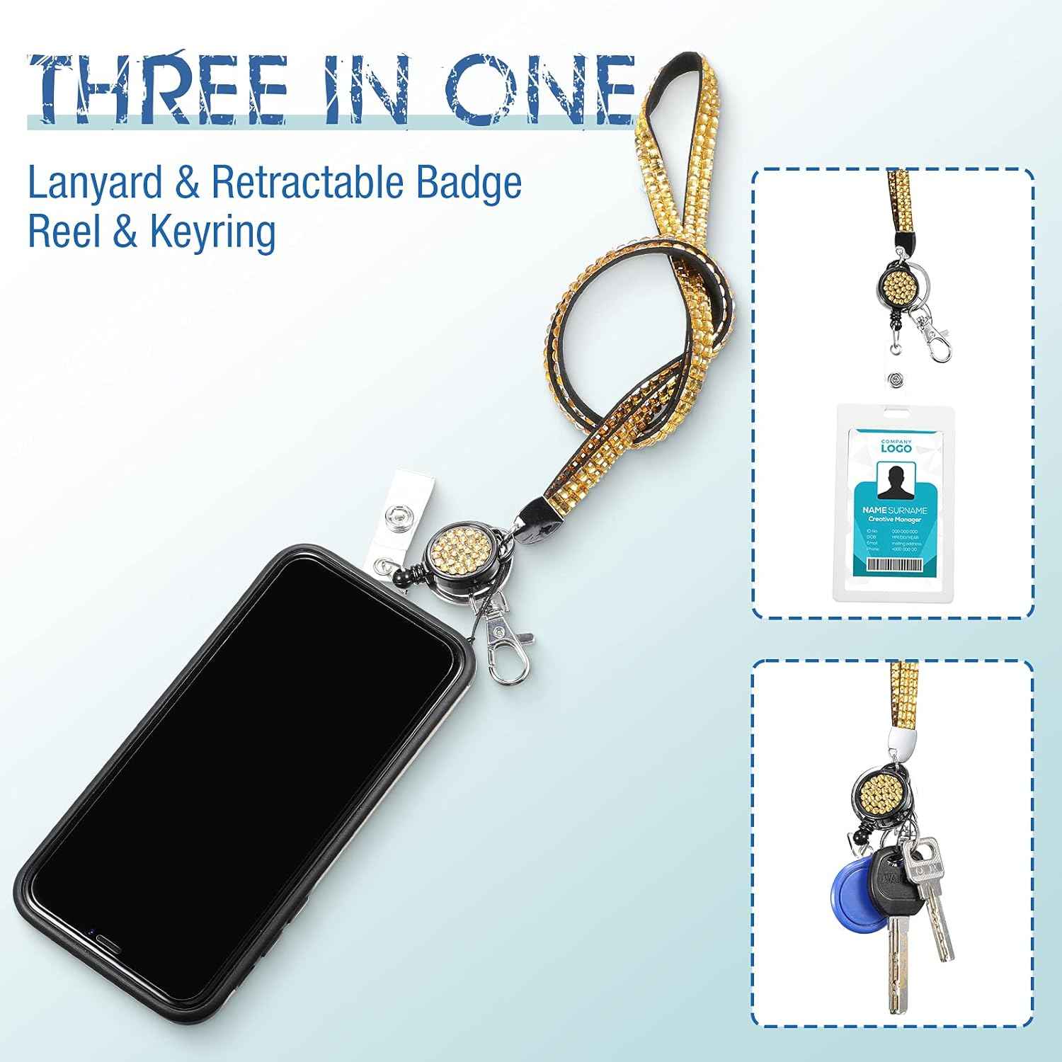 Rhinestone Glitter Retractable Necklace Badge Reel Lanyard 10 Colors - TTpen