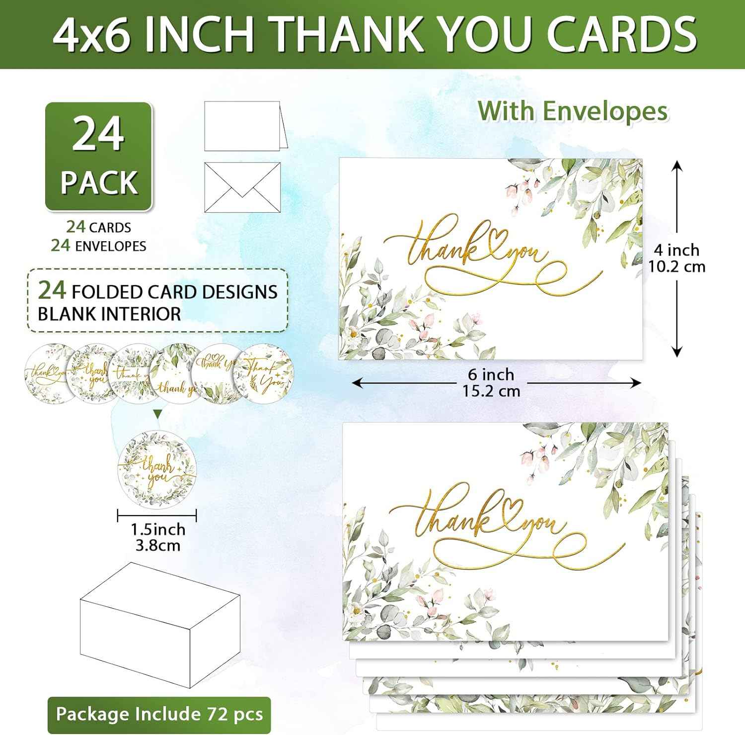 72 Pieces Watercolor Thank You Cards with Envelopes and Stickers Set - TTpen