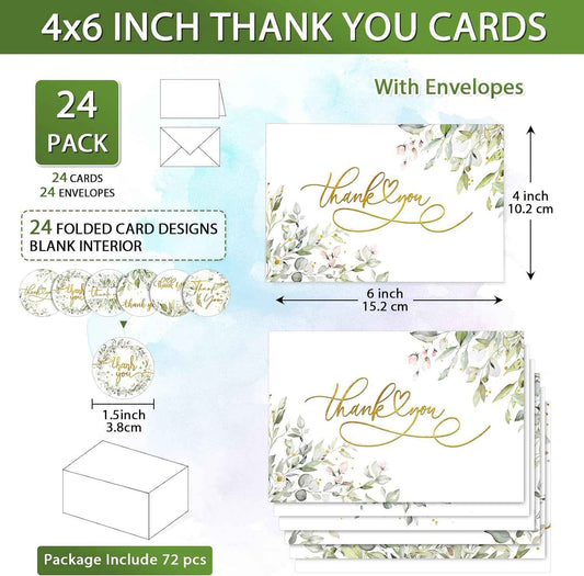 72 Pieces Watercolor Thank You Cards with Envelopes and Stickers Set - TTpen