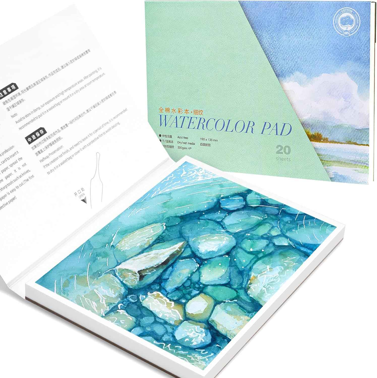 POTENTATE Watercolor Paper Block,100% Cotton,20 Sheets - TTpen