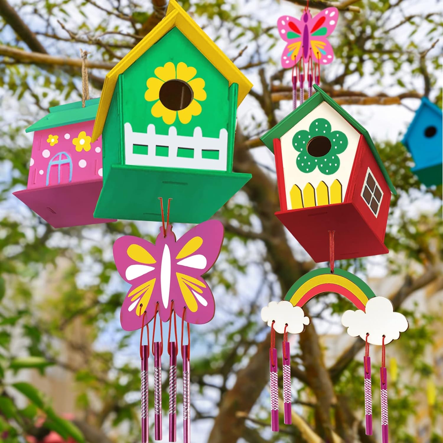 4 Pack DIY Bird House Wind Chime Kit Paint Wood Craft for Kids