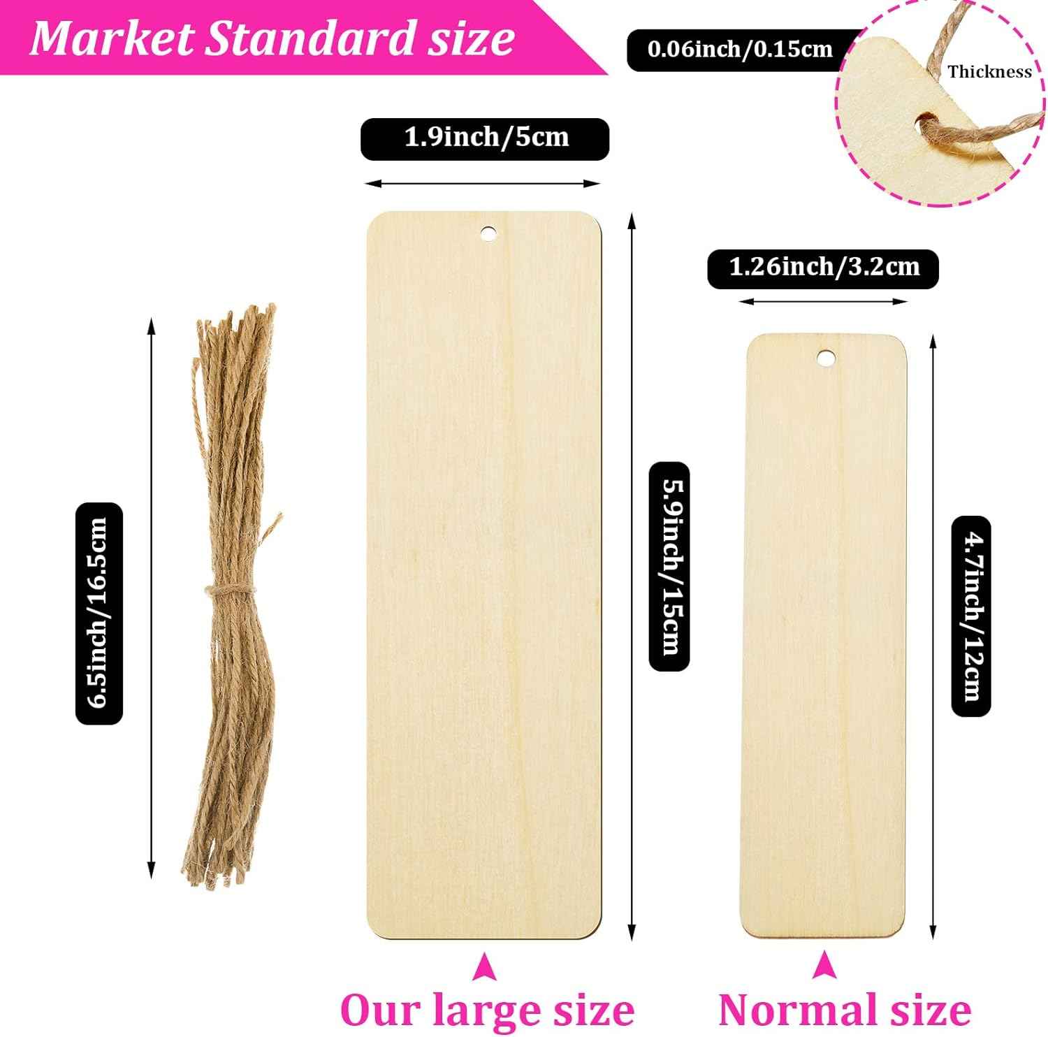 36 Unfinished Wood Blank Bookmarks Hanging Tags with Holes and Ropes 6 x 2 Inch - TTpen