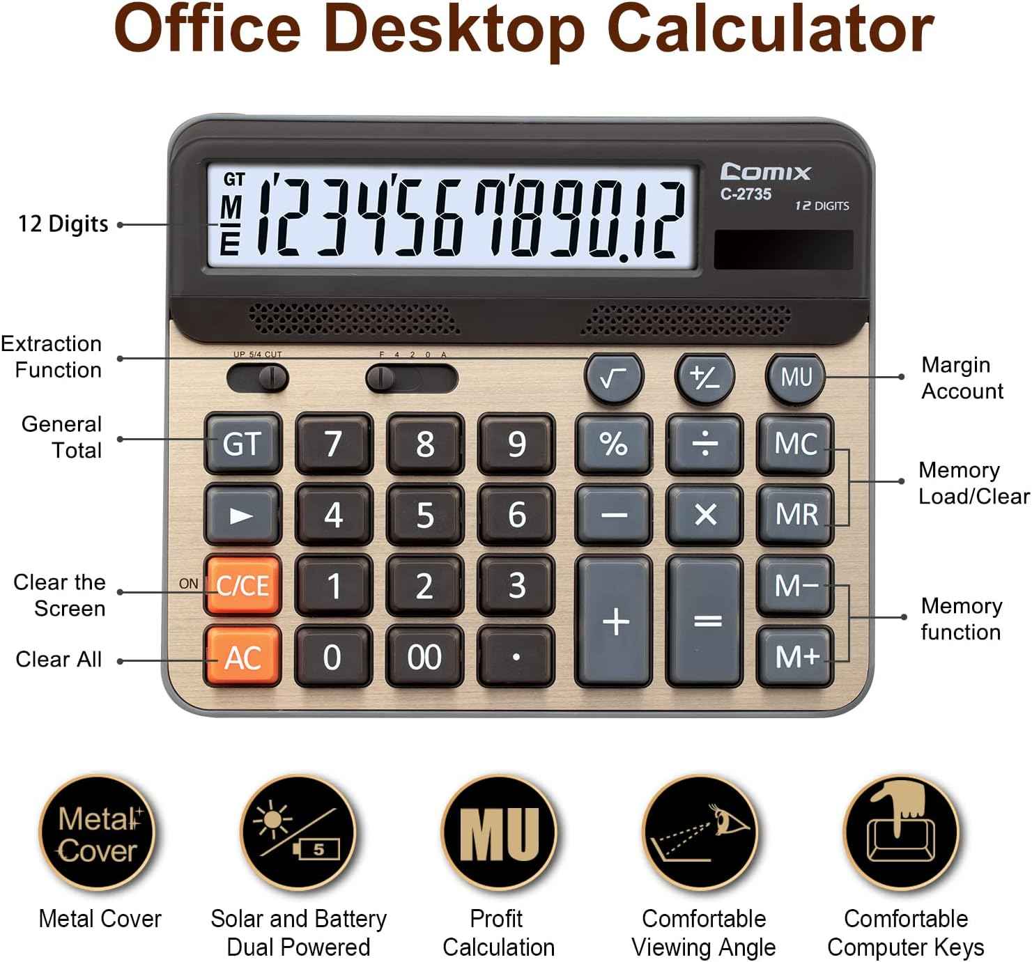 Comix C-2735 Desktop Calculator,Large Computer Keys,12 Digits Display - TTpen
