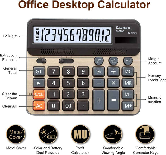 Comix C-2735 Desktop Calculator,Large Computer Keys,12 Digits Display - TTpen