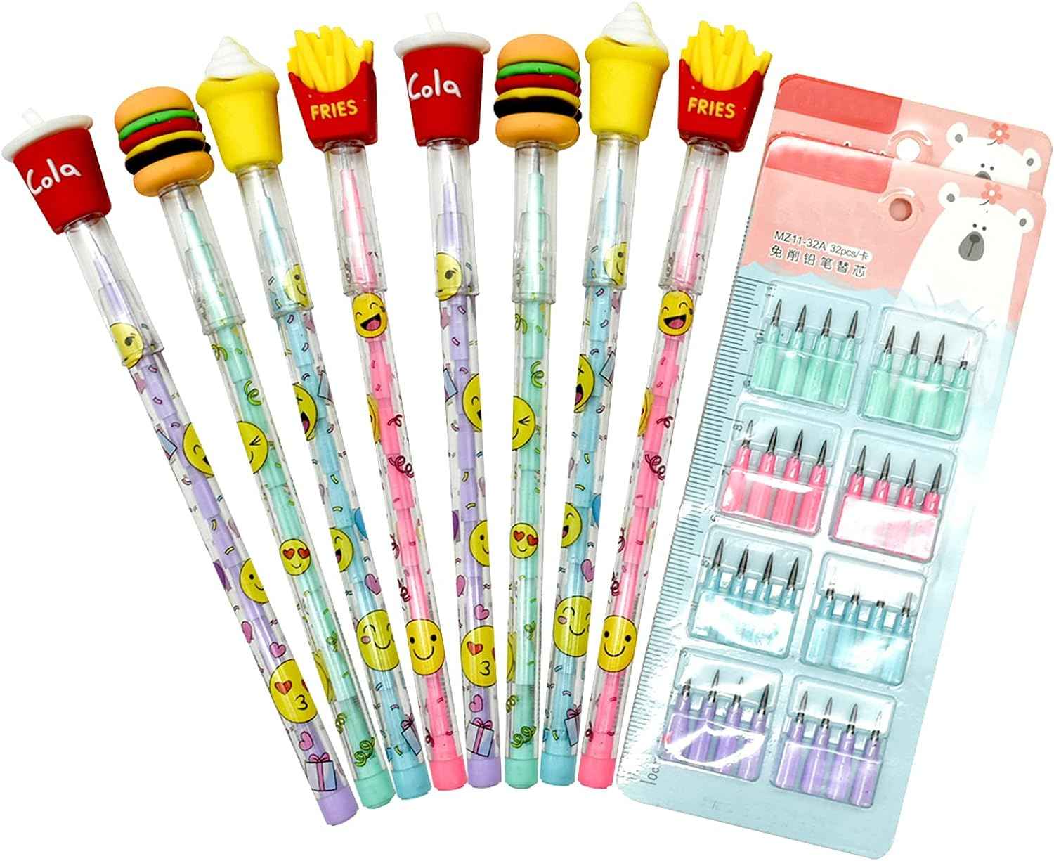 12PCS Food Stackable Pencils Hamburger Ice Cream Cola with 64 Refills - TTpen