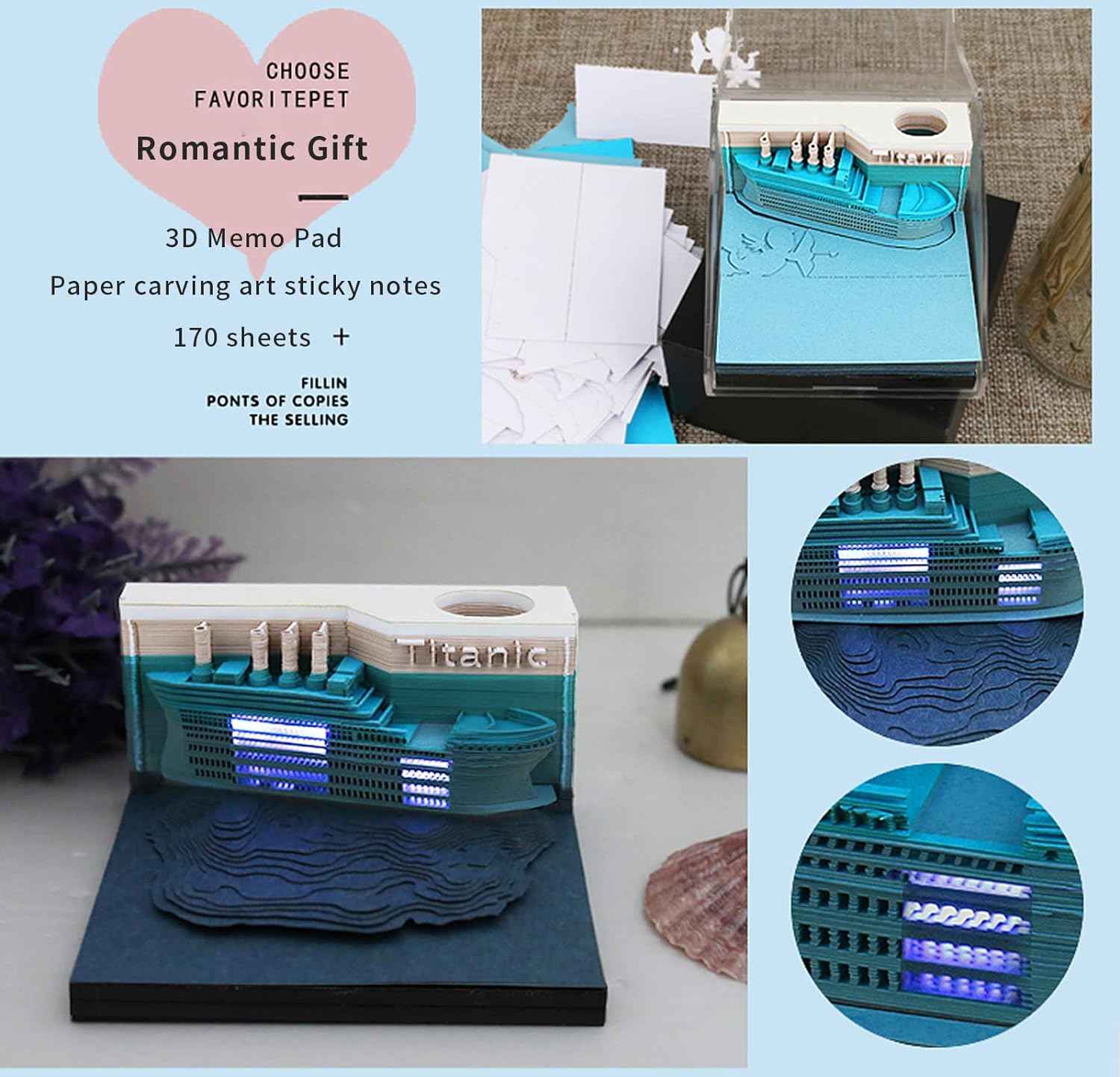 Titanic 3D Paper Note Memo Pad with LED Lights - TTpen