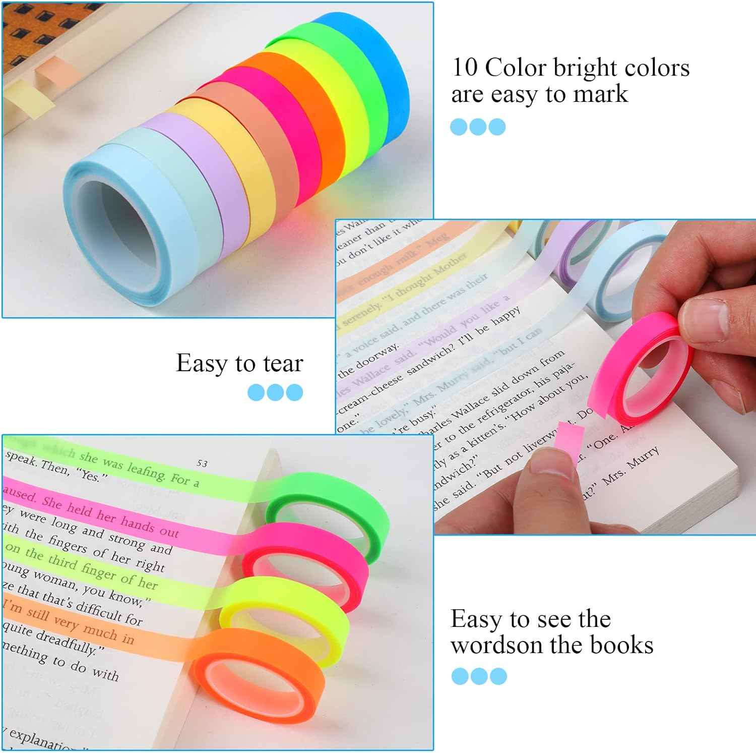10 Rolls Highlighter Tape Removable for Books Classroom - TTpen