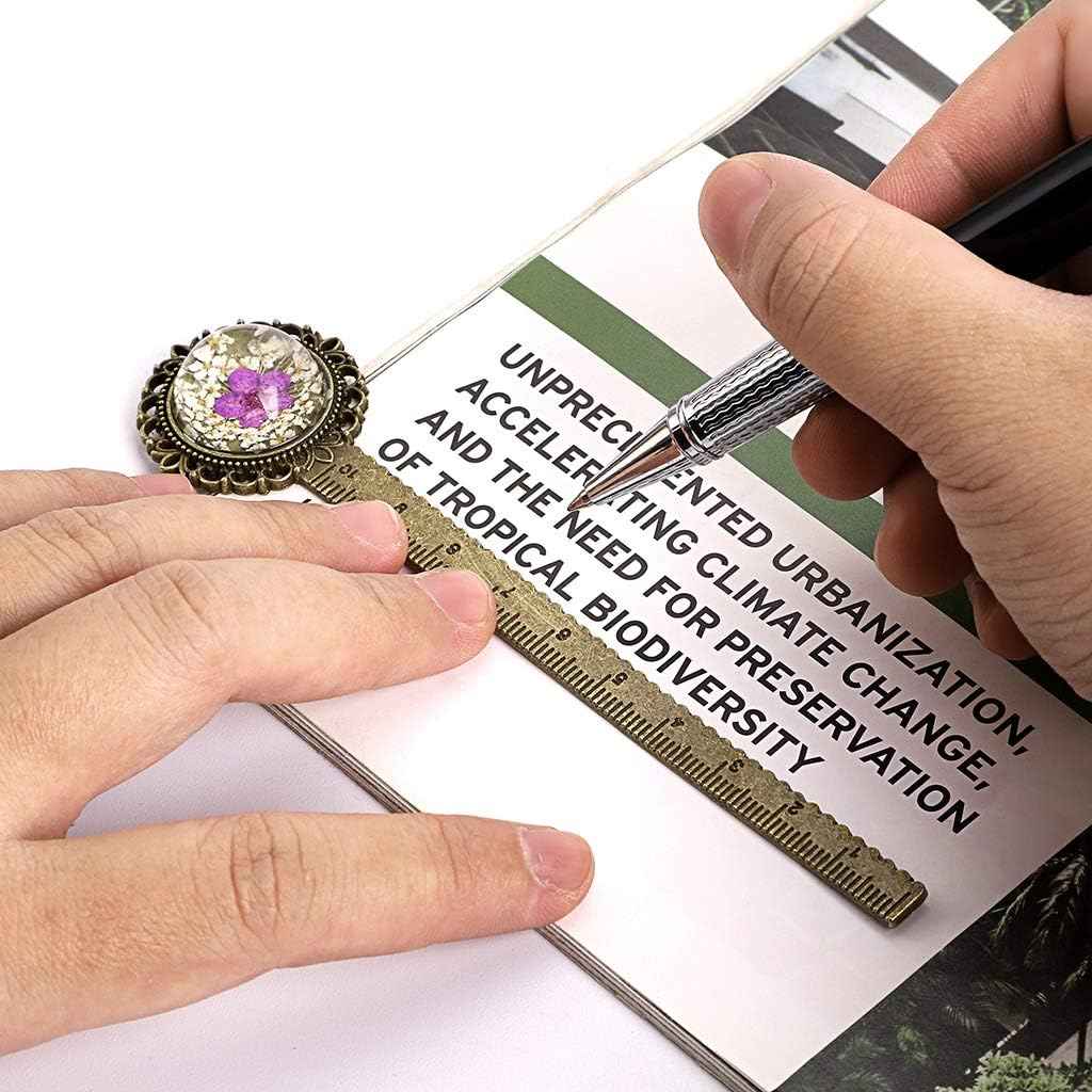 6PCS Retro Metal Bookmark Ruler Bronze Book Mark with Dried Flower - TTpen