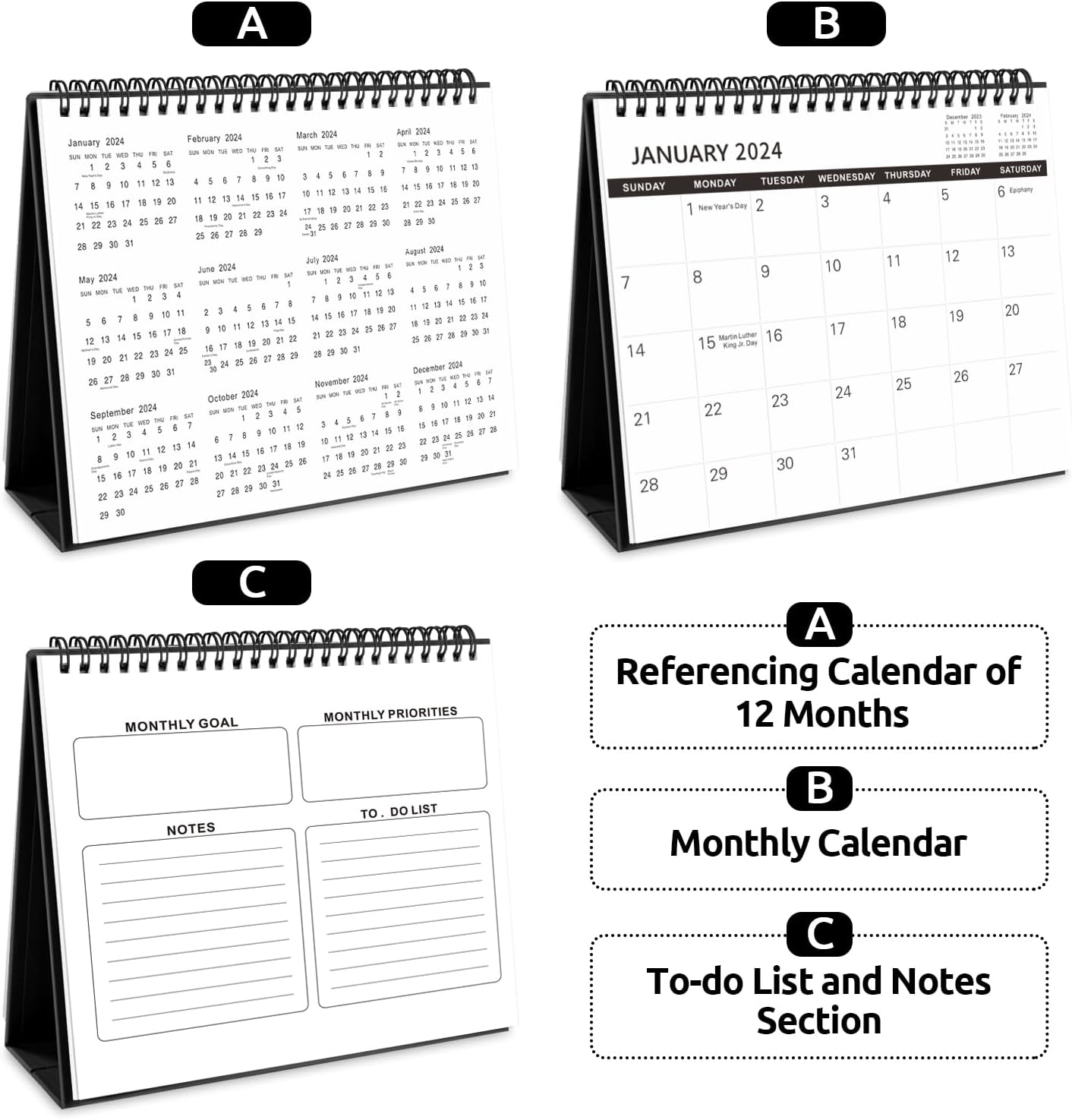 Small Desk Calendar 2024-2025,with To-do List Notes for Office School