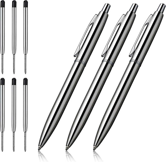 3Pcs Retractable Stainess Steel Metal Ballpoint Pens,6 Replaceable Refills - TTpen